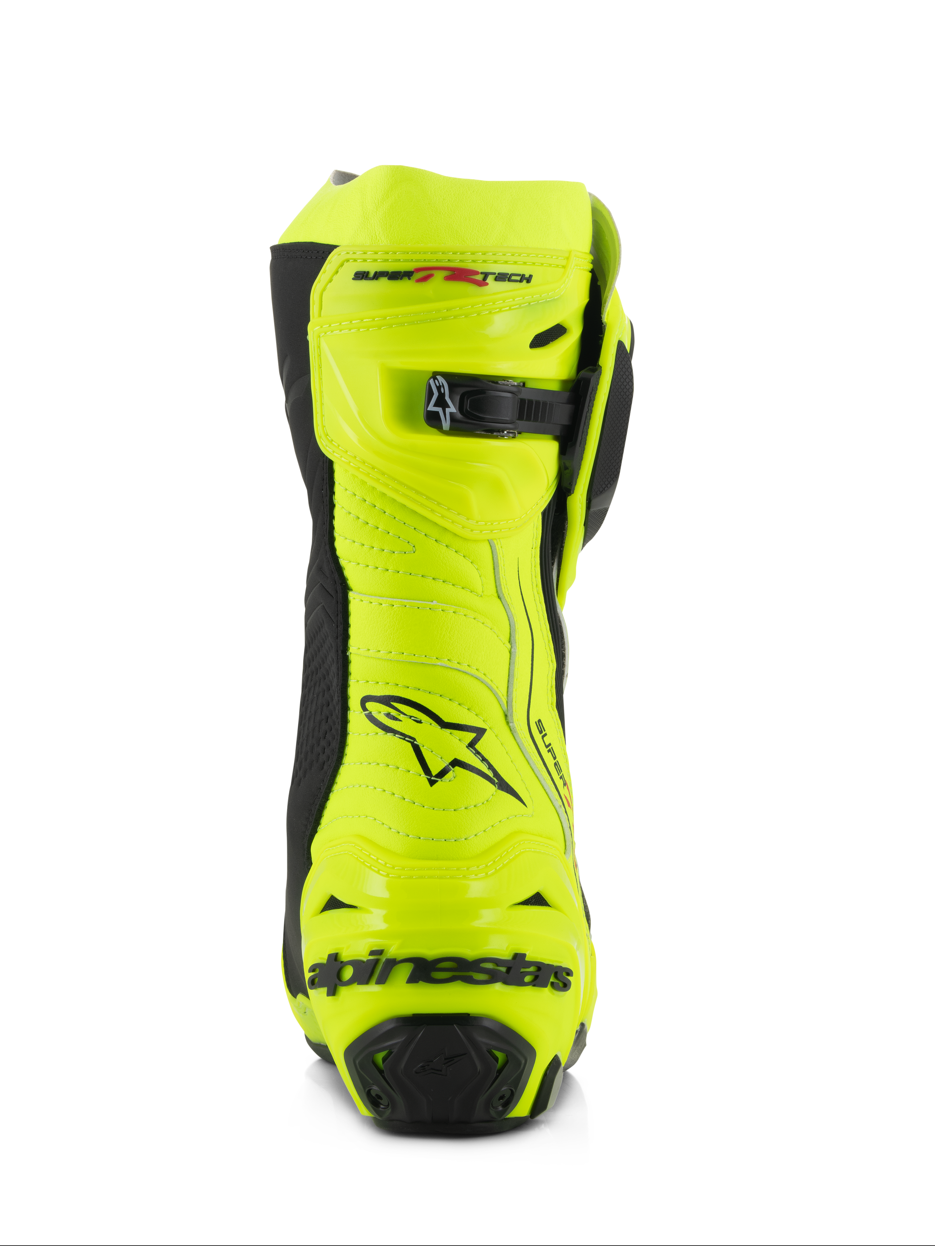 Alpinestars Supertech R Boots, Motorcycle Racing Boots, Yellow Fluo and Black, rear view featuring reinforced heel protector, adjustable calf closure, and bold branding, high-visibility fluorescent finish for track and road performance