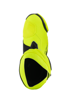 Alpinestars Supertech R Boots, Motorcycle Racing Boots, Yellow Fluo Black, top-down view looking into the boot interior, bright neon yellow finish with black accents and gaiter detail