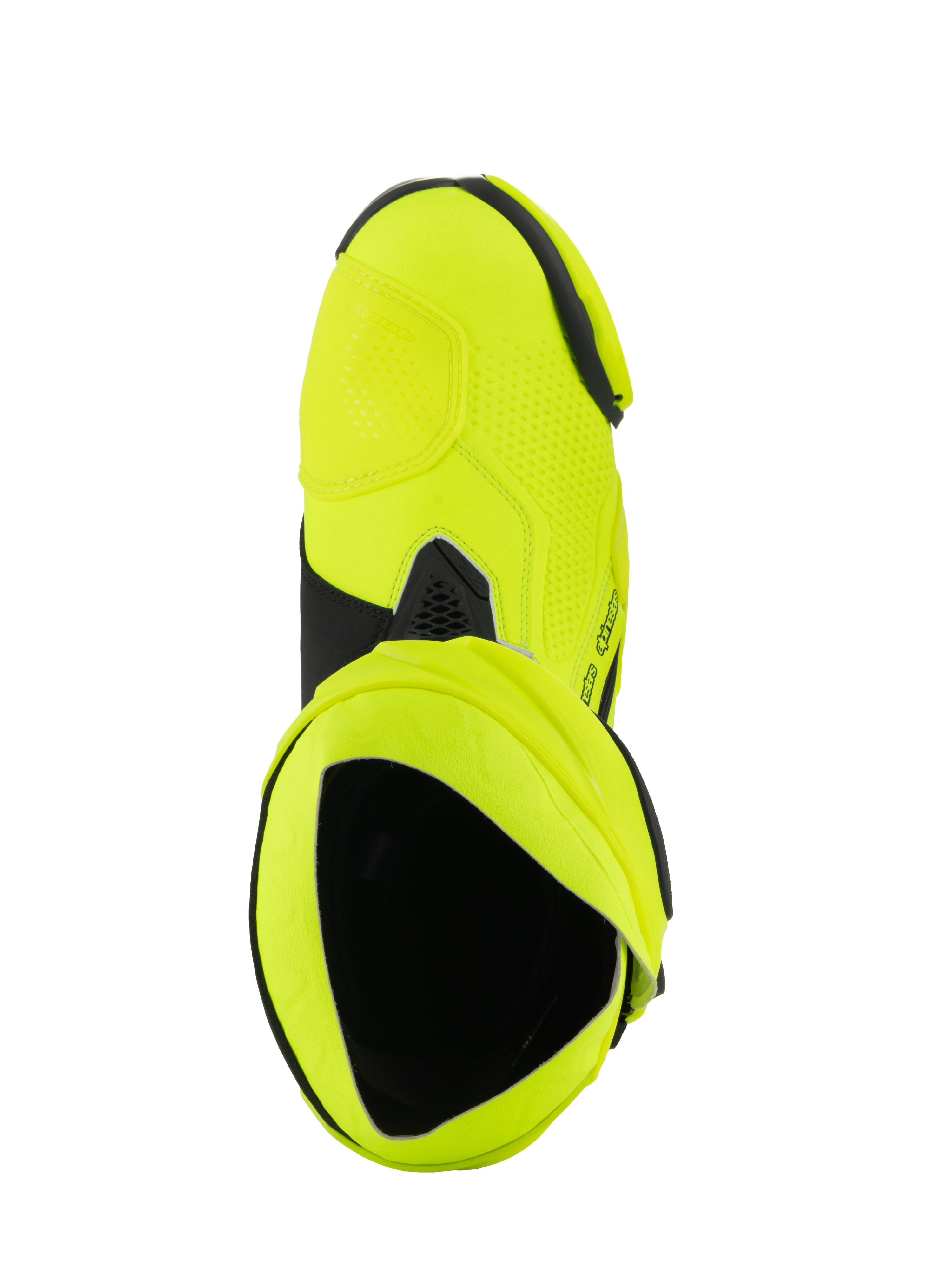 Alpinestars Supertech R Boots, Motorcycle Racing Boots, Yellow Fluo Black, top-down view looking into the boot interior, bright neon yellow finish with black accents and gaiter detail