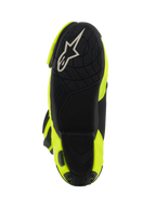 Alpinestars Supertech R Boots, Motorcycle Racing Boots, Yellow Fluo Black, bottom view showing black textured sole with white Alpinestars logo and bright yellow side panels