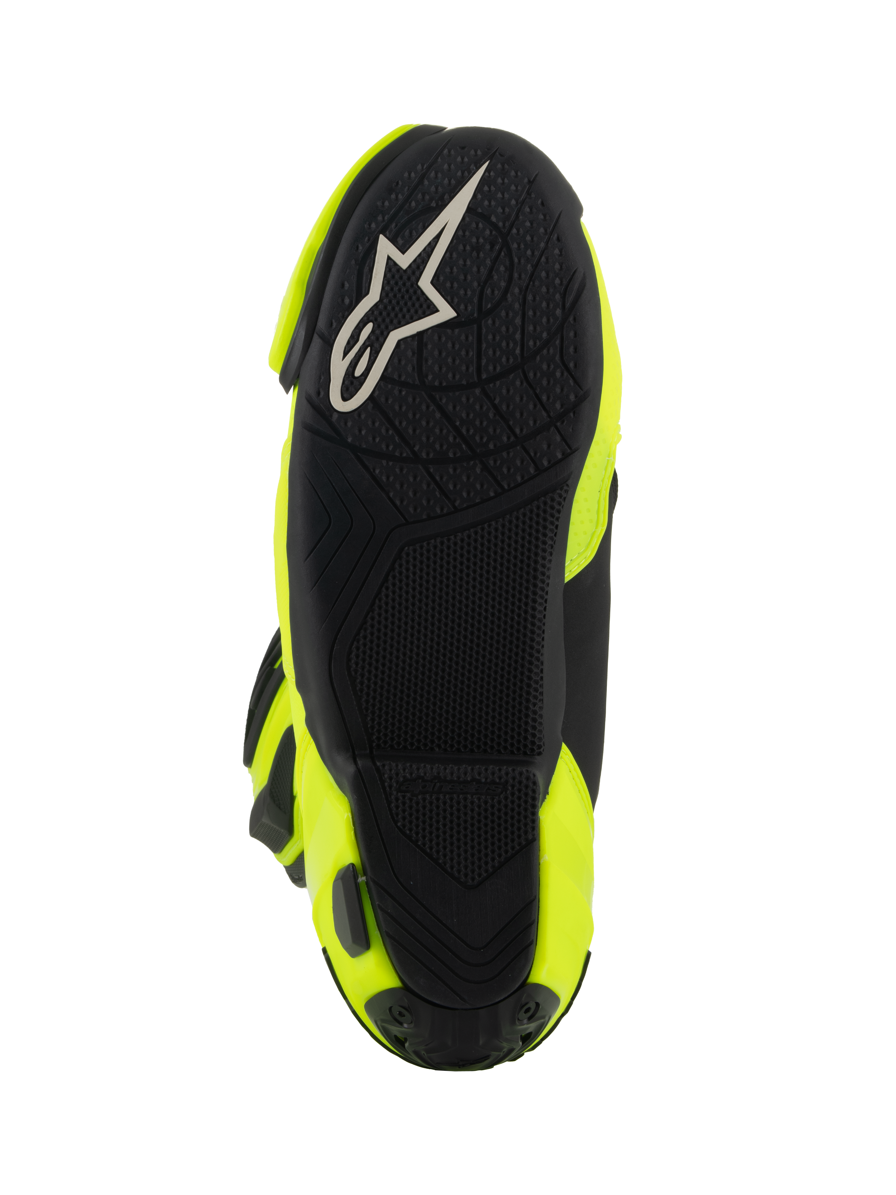 Alpinestars Supertech R Boots, Motorcycle Racing Boots, Yellow Fluo Black, bottom view showing black textured sole with white Alpinestars logo and bright yellow side panels