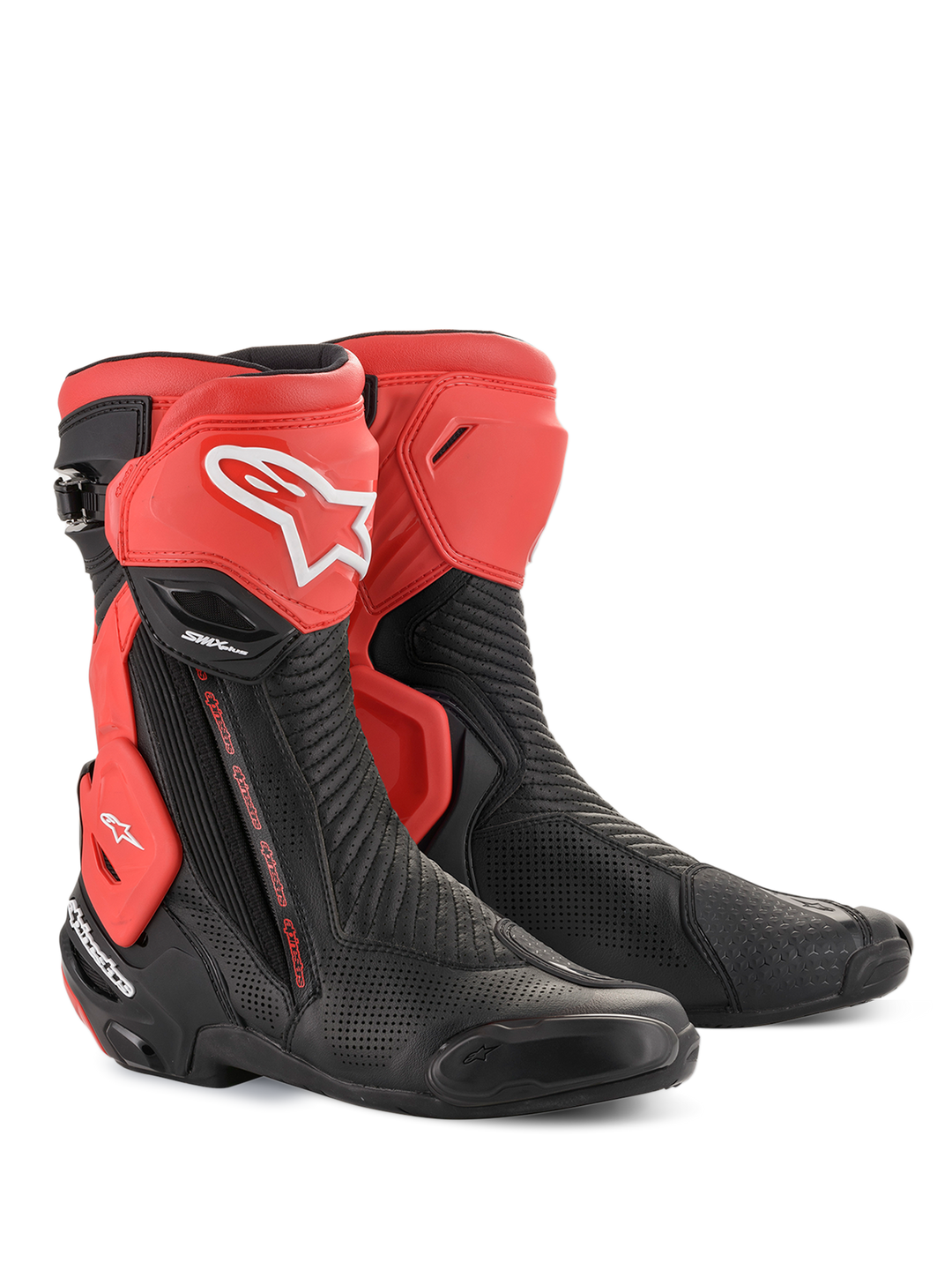 Alpinestars SMX Plus V2 Vented Boots, Black and Red motorcycle racing boots with perforated microfiber and CE certification.