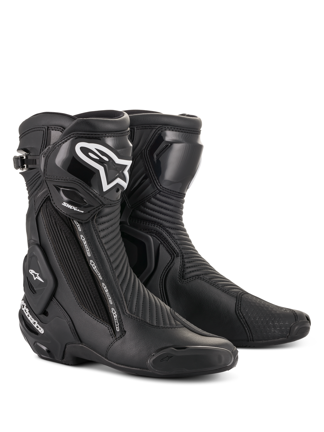 Alpinestars SMX Plus V2 Boots, Motorcycle Racing Boots, Black with White Logo on the shin, High Ankle Design, Reinforced Toe Sliders and Heel Protection, Side Zipper Closure, Ribbed Accordion Texture Panels for flexibility, Aerodynamic Construction