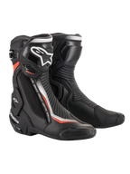 Alpinestars SMX Plus V2 Boots, Racing Motorcycle Boots, Black with White and Red Fluorescent accents, featuring microfiber upper, TPU shin plate, Multi-Link Control system, and replaceable sliders, technical design for high-performance protection