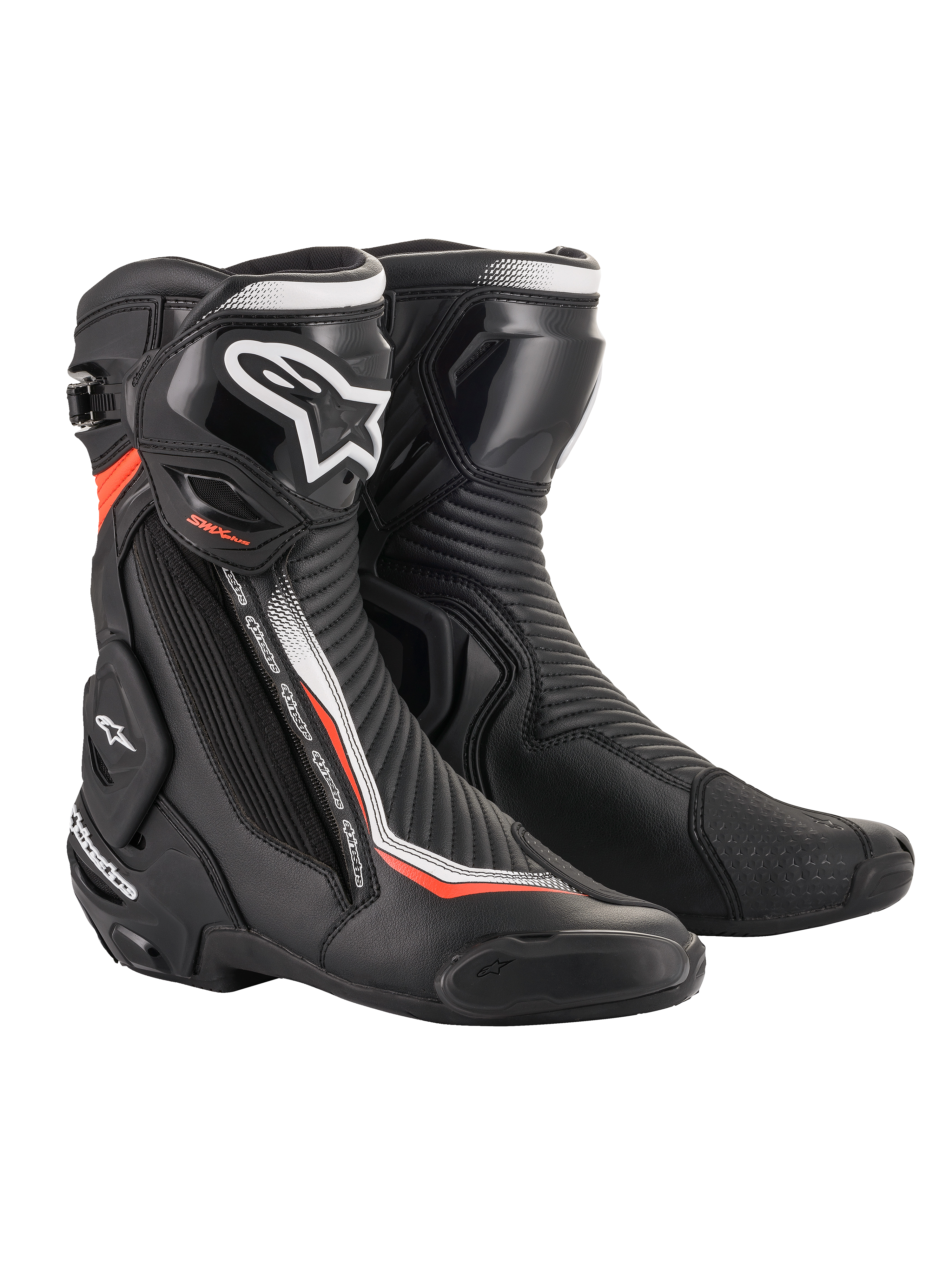 Alpinestars SMX Plus V2 Boots, Racing Motorcycle Boots, Black with White and Red Fluorescent accents, featuring microfiber upper, TPU shin plate, Multi-Link Control system, and replaceable sliders, technical design for high-performance protection