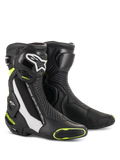 Alpinestars SMX Plus V2 Boots, Black with Neon Yellow-Green Accents and White Details, Motorcycle Racing Boots, CE Certified, Premium Leather Construction with Reinforced Toe and Heel, Dual Closure System with Buckles and Zipper, Glossy and Matte Finish
