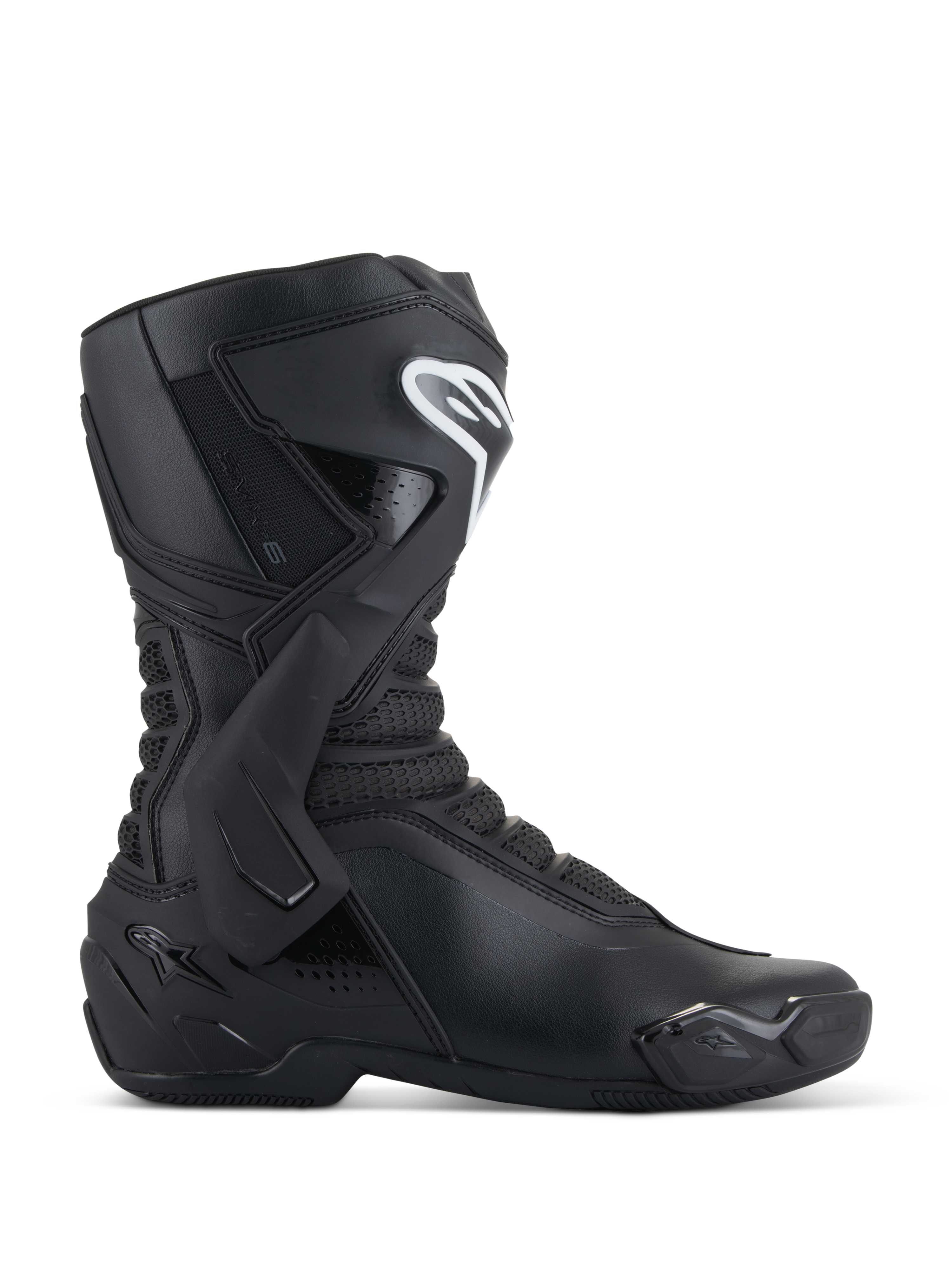 Alpinestars SMX-6 V3 Boots, Black Motorcycle Racing Boots, side profile view, microfiber upper with TPU lateral ankle brace and shin protection, white Alpinestars logo on shin, replaceable toe slider, performance sport riding footwear