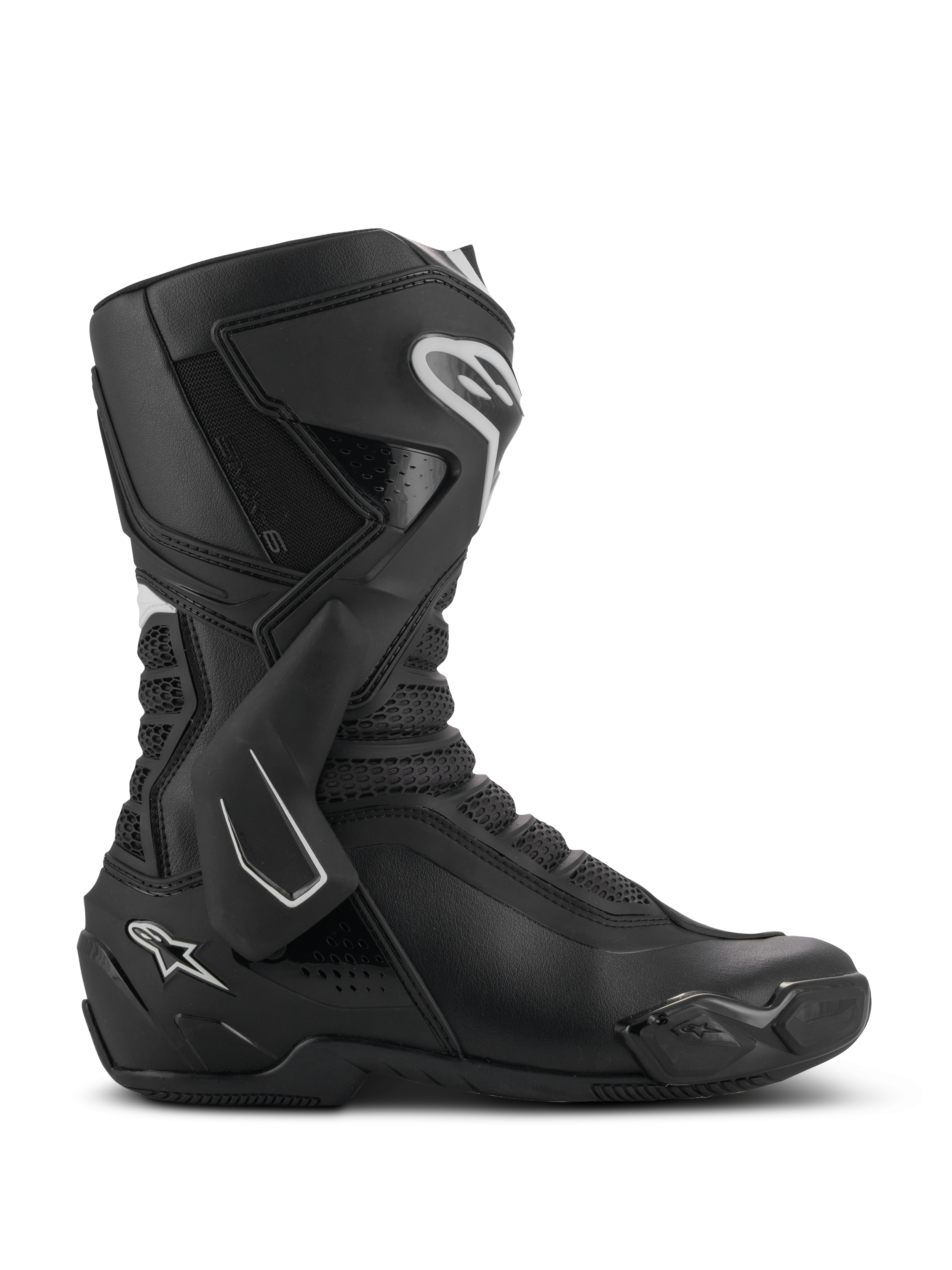 Alpinestars SMX-6 V3 Boots, Performance Motorcycle Riding Boots, Black with white accents, lateral profile view featuring a TPU ankle brace system, textured mesh flexion zones, and reinforced heel and toe components for track and street performance.