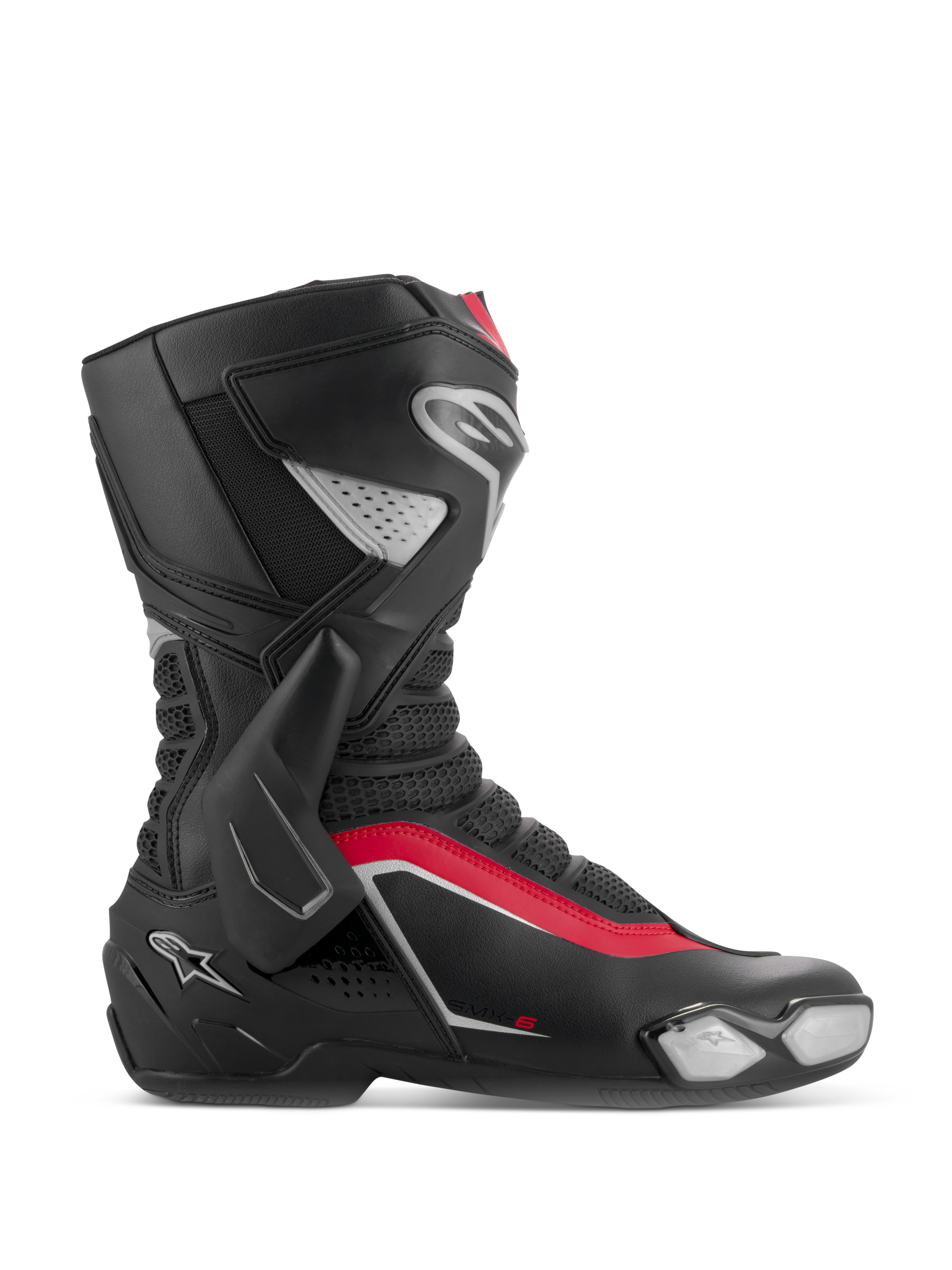 Alpinestars SMX-6 V3 Boots, Motorcycle Racing Boots, Black Silver and Red, side profile view showing TPU lateral ankle brace, replaceable toe slider, and mesh flex zones for track and street performance.