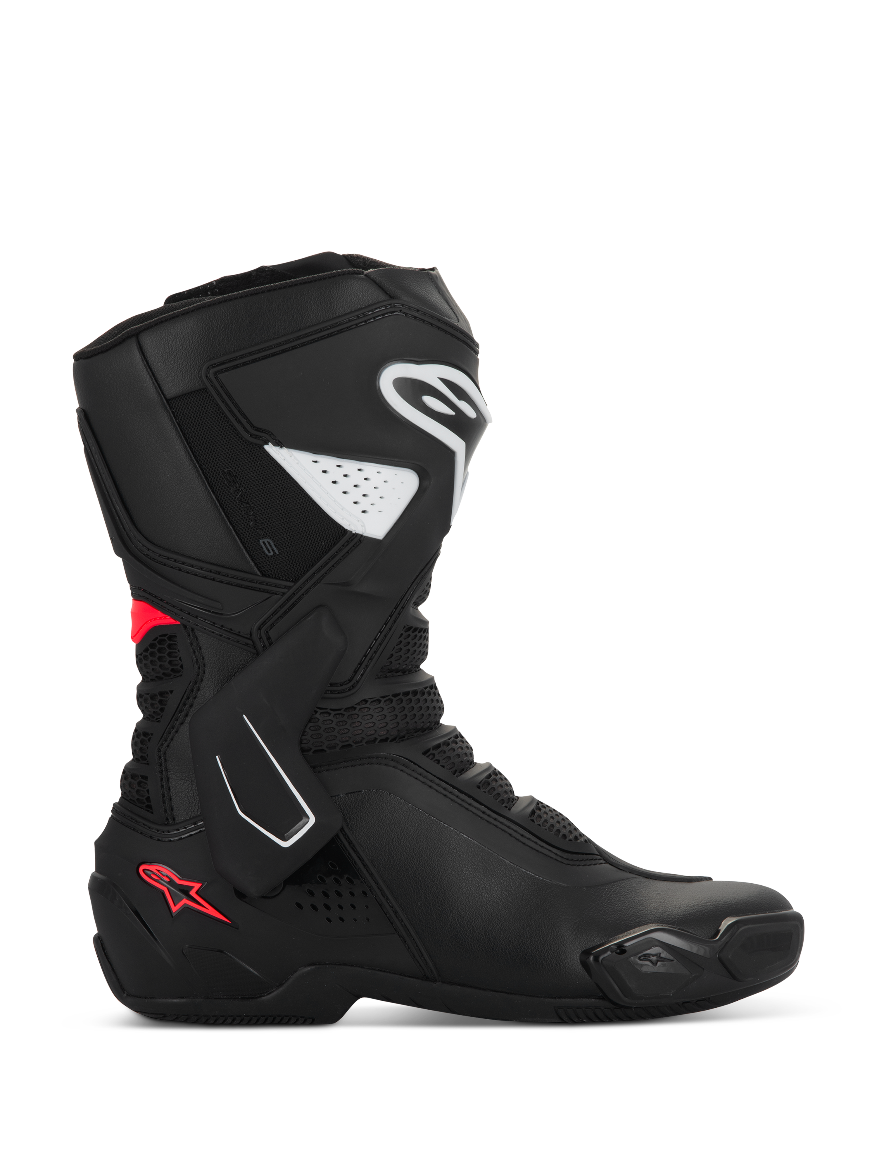 Alpinestars Stella SMX-6 V3 Boots, Women's Motorcycle Sport Boots, Black with White and Diva Pink accents, side profile featuring TPU shin and ankle protection, mesh flex panels, and performance microfiber construction for track and street.