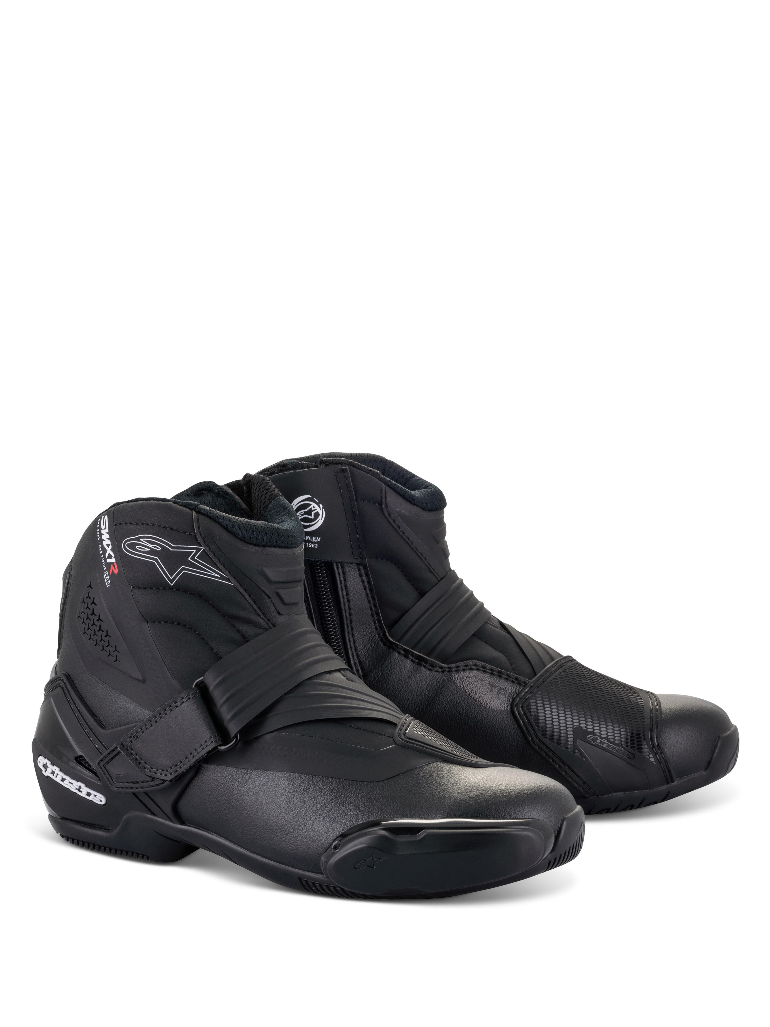 Alpinestars SMX-1 R V2 Boots, Black Low-Cut Motorcycle Riding Boots, featuring white logos with red accents, Velcro strap and side zipper closure, reinforced TPU protection, sleek aerodynamic design for road and sport riding