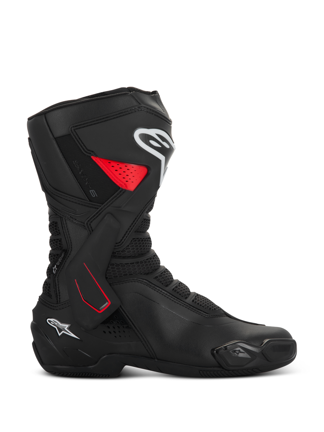 Alpinestars SMX-6 V3 Drystar Boots, motorcycle sport riding boots, black with red and white accents, side profile view, waterproof microfiber construction, TPU lateral ankle brace with red detailing, white logos on the shin and heel, integrated toe slider and mesh flex zones