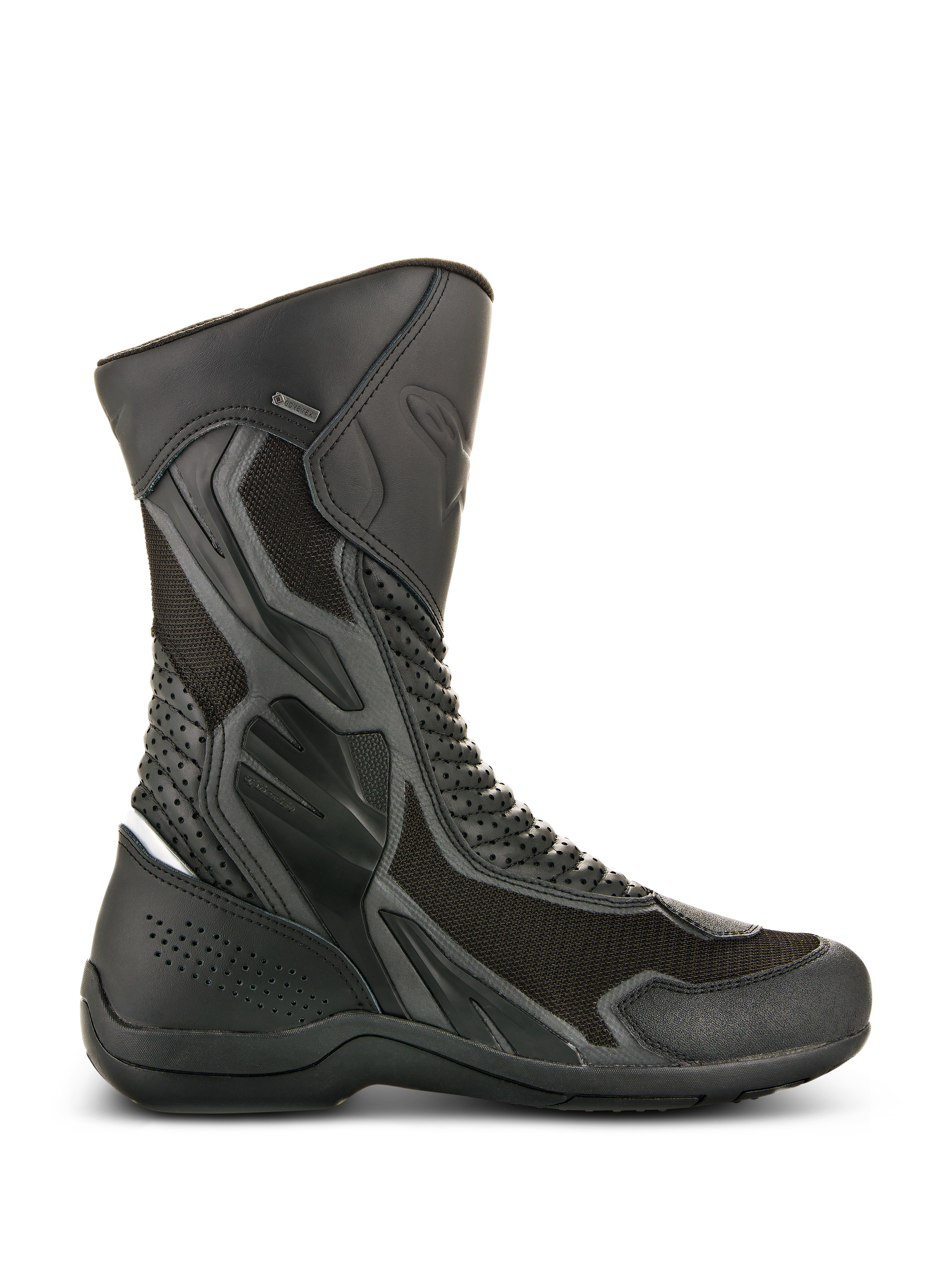 Alpinestars Air Plus V2 GORE-TEX Boots, Black Motorcycle Touring Boots, side view showing ventilated mesh and perforated leather construction, waterproof and breathable design, reinforced protection areas, sturdy rubber sole, GORE-TEX branding detail