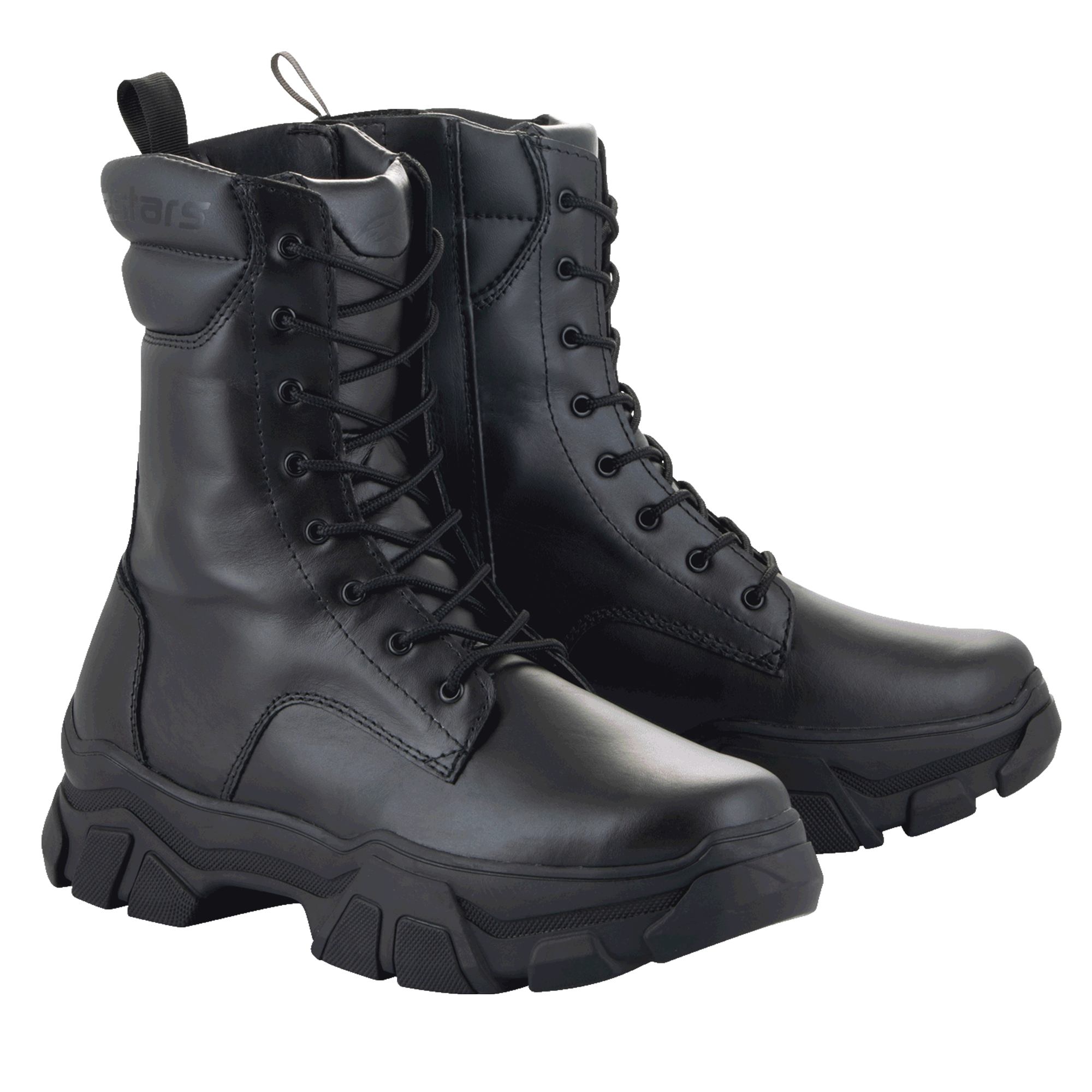 Alpinestars Ava Women Boots, Urban Motorcycle Boots, Black, full-grain leather construction, chunky elevated rubber sole, lace-up front with side zipper, rugged utilitarian style