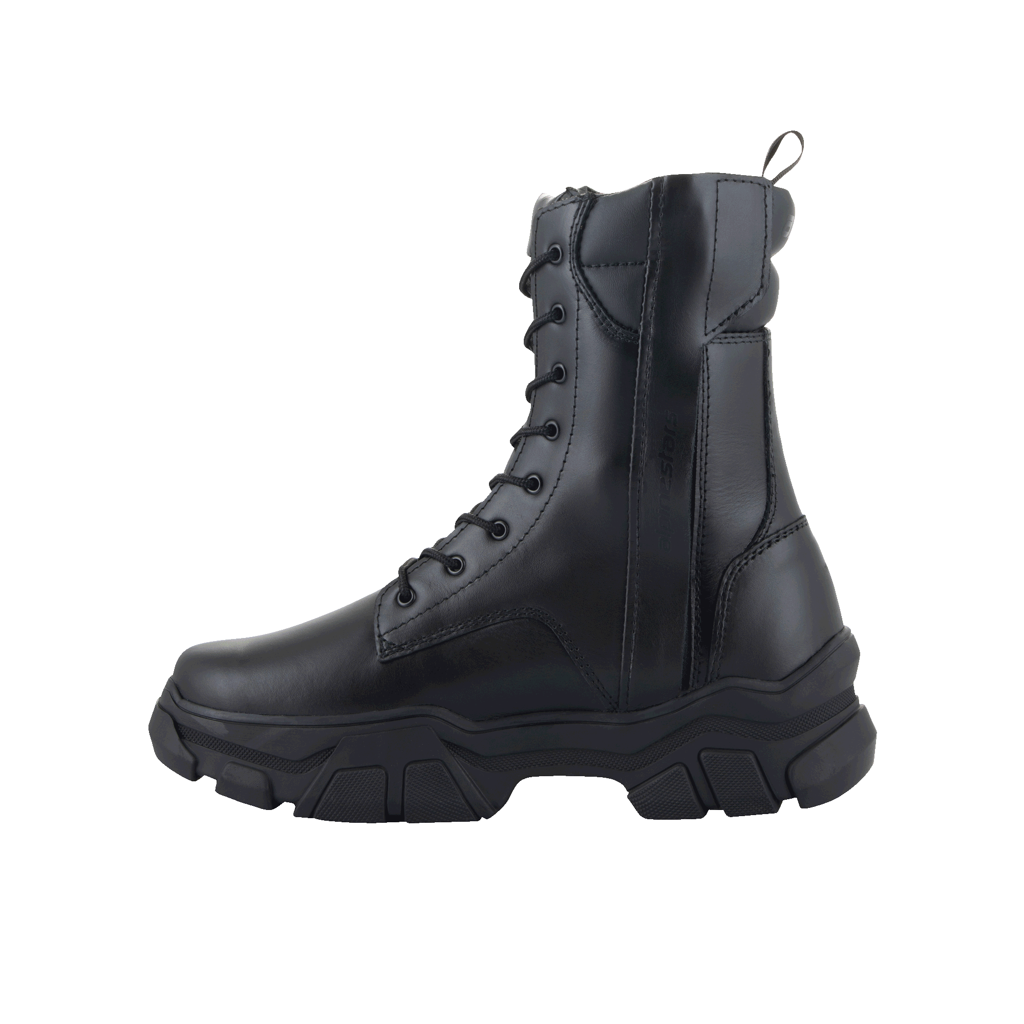 Alpinestars Ava Women Boots, Black full-grain leather, urban motorcycle boot with elevated chunky rubber sole, lace-up front and side zipper, protective footwear for women