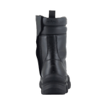 Alpinestars Ava Women Boots, Black, rear view showing elevated chunky rubber sole and medial side zipper, full-grain leather construction with padded ankle collar and embossed logo, modern urban footwear for motorcycling.
