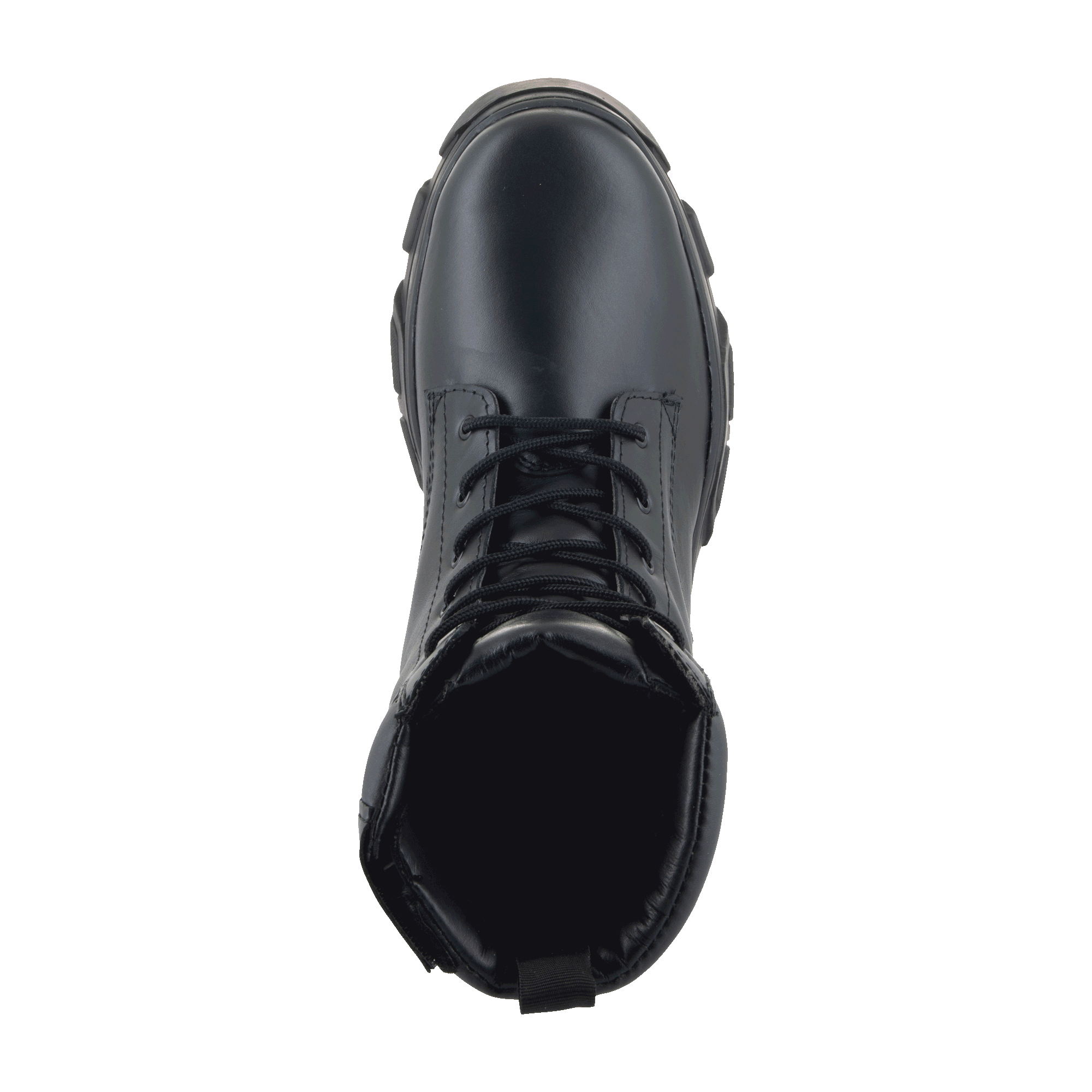 Alpinestars Ava Women Boots, Urban Motorcycle Boots, Black, top-down view featuring lace-up closure and chunky elevated rubber sole, full-grain leather utility-style design