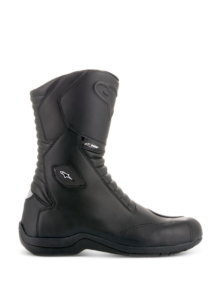 Alpinestars Andes V2 Drystar Boots, Black Motorcycle Touring Boots, High Shaft Design, Waterproof Leather Construction, Front and Rear Accordion Flex Panels, White Star Logo and Drystar Branding, Sturdy Black Sole, Protective Reinforced Ankle and Toe