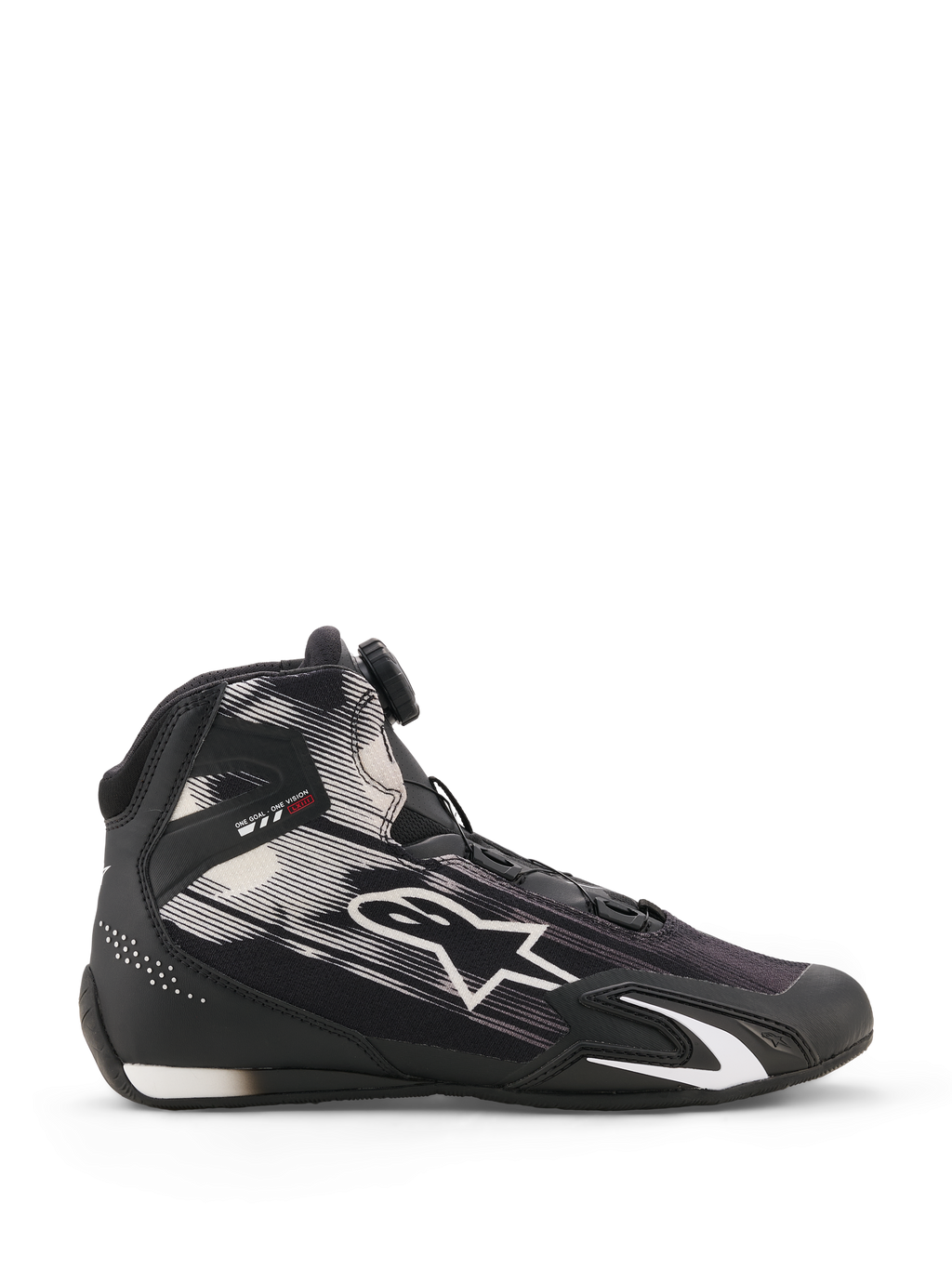 Alpinestars Celer Superair Shoes, Motorcycle Riding Shoes, Black and White, side profile view featuring white graphic patterns and large Astar logo, Rotor Closure System on the tongue, TPU ankle protection with 'ONE GOAL ONE VISION' branding, breathable textile upper for warm-weather performance