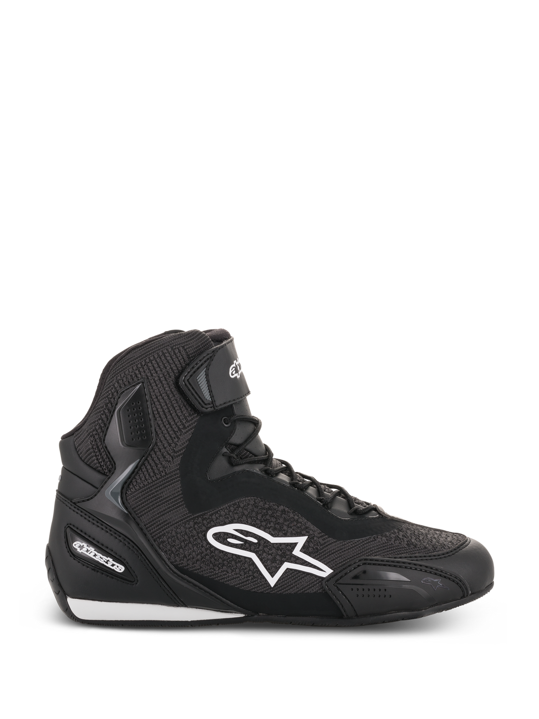Alpinestars Faster-3 Rideknit Shoes, Black high-top motorcycle riding shoe, white star logo, textured knit and mesh construction, lace closure with ankle strap, reinforced heel and toe, low-profile sole with white accents