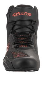Alpinestars Faster-3 Rideknit® Shoes, Black and Red Fluo, front-facing view, motorcycle riding shoe featuring breathable knit mesh panels and Velcro ankle strap with red logo
