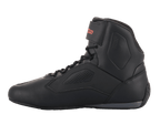 Alpinestars Faster-3 Rideknit® Shoes, Black motorcycle riding shoe, side profile view, matte black microfiber upper with perforated panels for airflow, lace-up system with red Alpinestars logo on the ankle strap, sporty road riding design