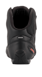 Alpinestars Faster-3 Rideknit® Shoes, Motorcycle Riding Shoes, Black and Red Fluo, rear view highlighting the TPR heel counter, padded ankle collar, and red logo detail on the heel.