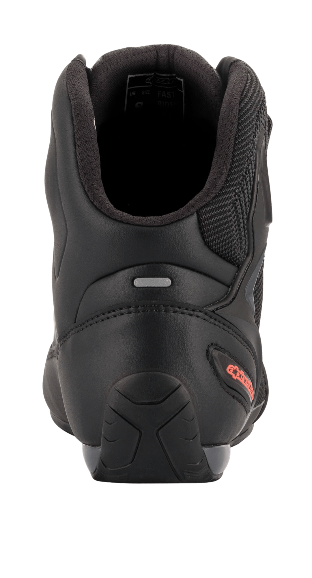Alpinestars Faster-3 Rideknit® Shoes, Motorcycle Riding Shoes, Black and Red Fluo, rear view highlighting the TPR heel counter, padded ankle collar, and red logo detail on the heel.
