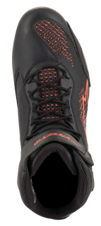 Alpinestars Faster-3 Rideknit® Shoes, Motorcycle Riding Shoes, Black and Red Fluorescent, top-down view, featuring breathable knit panels and microfiber construction with red logo details