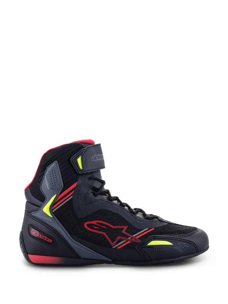 Alpinestars Faster-3 Rideknit® Shoes, Motorcycle Riding Shoes, Black with Red and Yellow Fluo accents, side profile showing breathable mesh and microfiber construction, high-top design with red star logo and adjustable ankle strap