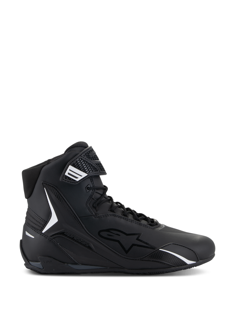 Alpinestars Faster-4 Shoes, Black High-Top Motorcycle Riding Shoe, Side Profile, Black with White Accents, Lace-Up with Hook-and-Loop Strap, Sporty Design with Padded Collar and TPU Protection