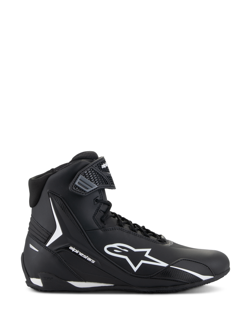 Alpinestars Faster-4 Shoes, Black and White Motorcycle Riding Shoes, side view of high-top design with white star logo, textured ankle strap, lace closure, sleek microfiber upper, performance racing-inspired footwear
