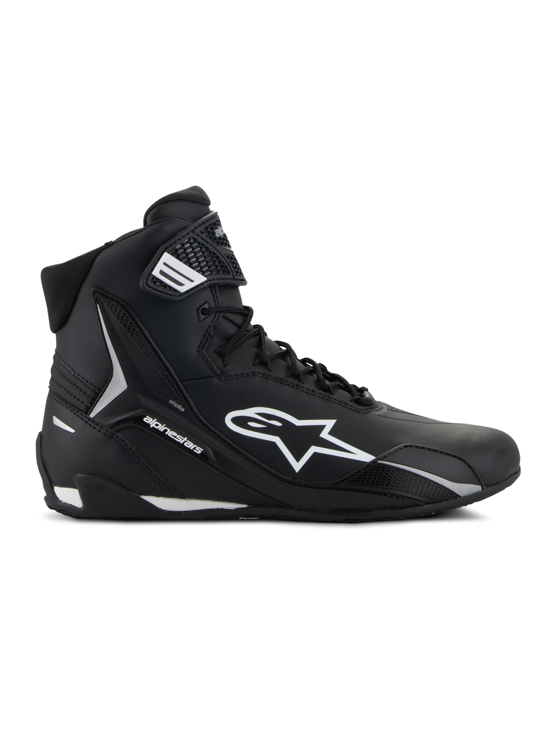 Alpinestars Stella Faster-4 Shoes, Women's Motorcycle Riding Shoes, Black and White, High-top design featuring Astars logo and ankle strap, Lateral side profile view