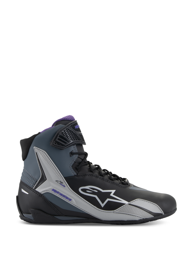 Alpinestars Stella Faster-4 Shoes, Women's Motorcycle Riding Shoes, Black Gray and Violet, side view showing high-top design, white star logo, purple inner lining, textured ankle protection panels, and a sporty microfiber upper for road riding comfort