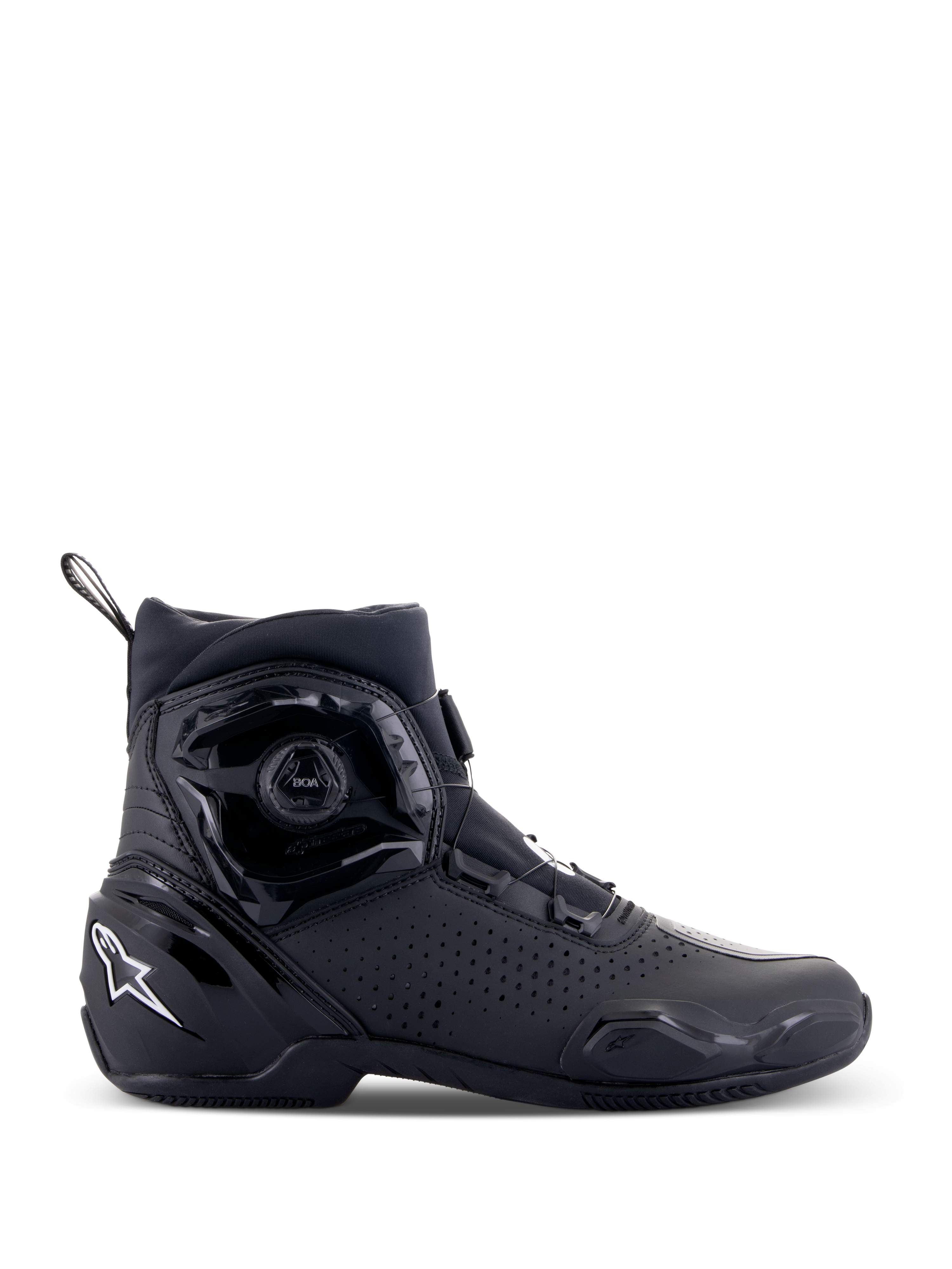 Alpinestars SP-2 Riding Shoes, Sport Motorcycle Riding Shoes, Black, featuring BOA speed closure system, perforated microfiber construction, white Astar logo on the heel, sleek profile for road riding