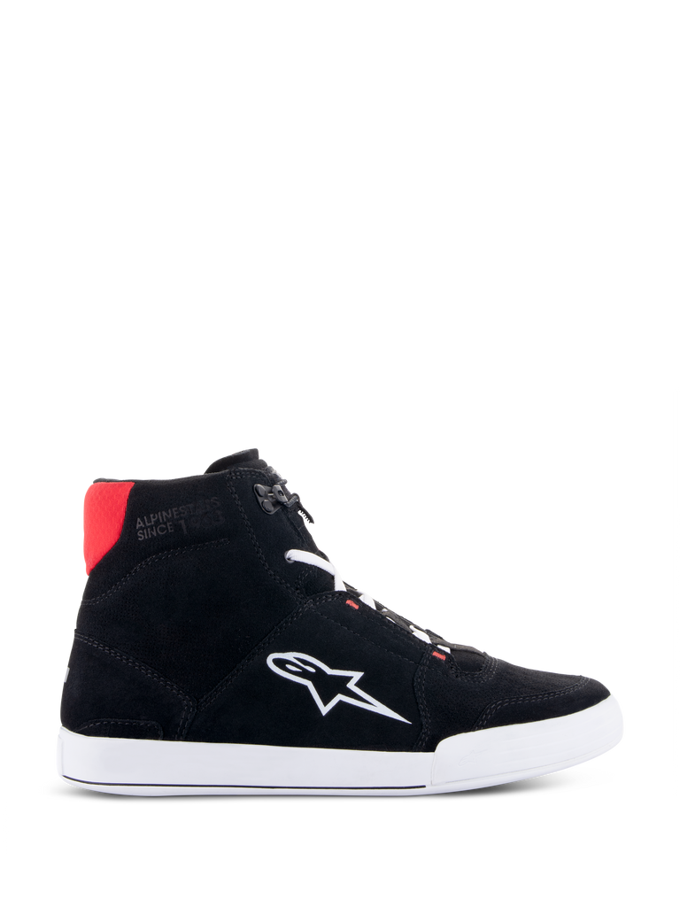 Alpinestars Chrome Riding Shoes in Black White Bright Red, urban casual high-top motorcycle shoe featuring a black split suede upper, white Astars logo on the side, white sole, and bright red heel collar accent.