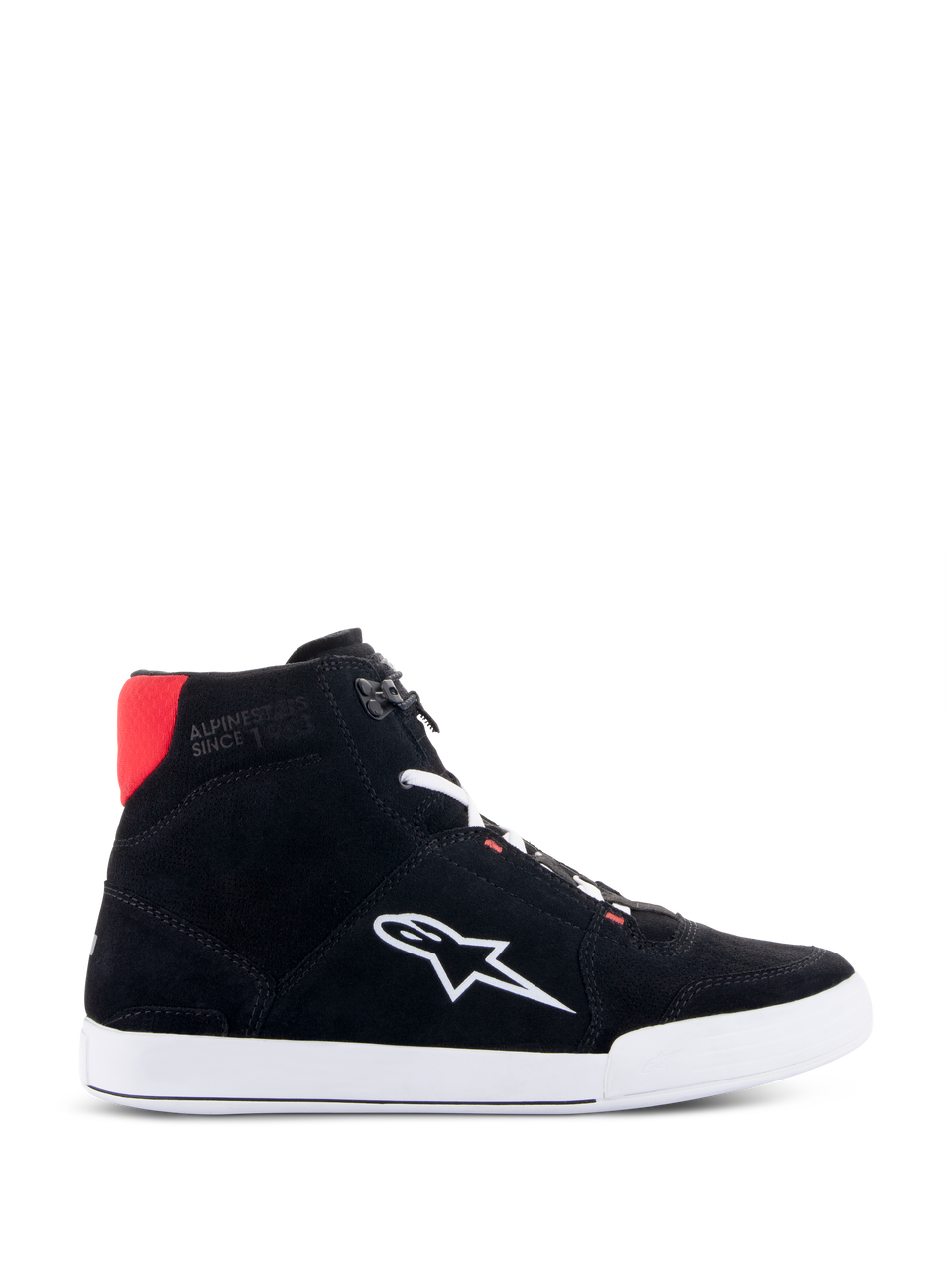 Alpinestars Chrome Riding Shoes in Black White Bright Red, urban casual high-top motorcycle shoe featuring a black split suede upper, white Astars logo on the side, white sole, and bright red heel collar accent.