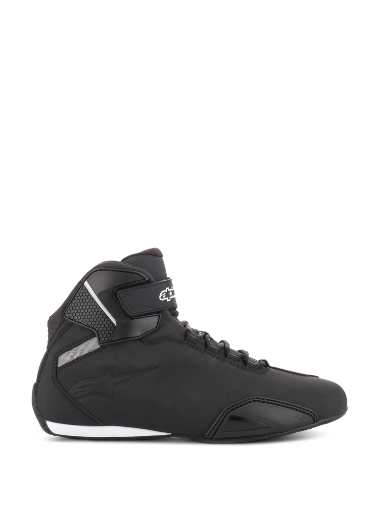 Alpinestars Sektor Shoes, Black Motorcycle Riding Shoes, side profile view, sleek microfiber construction with reinforced toe and ankle strap, white Alpinestars logo, athletic sport-styled protective footwear.