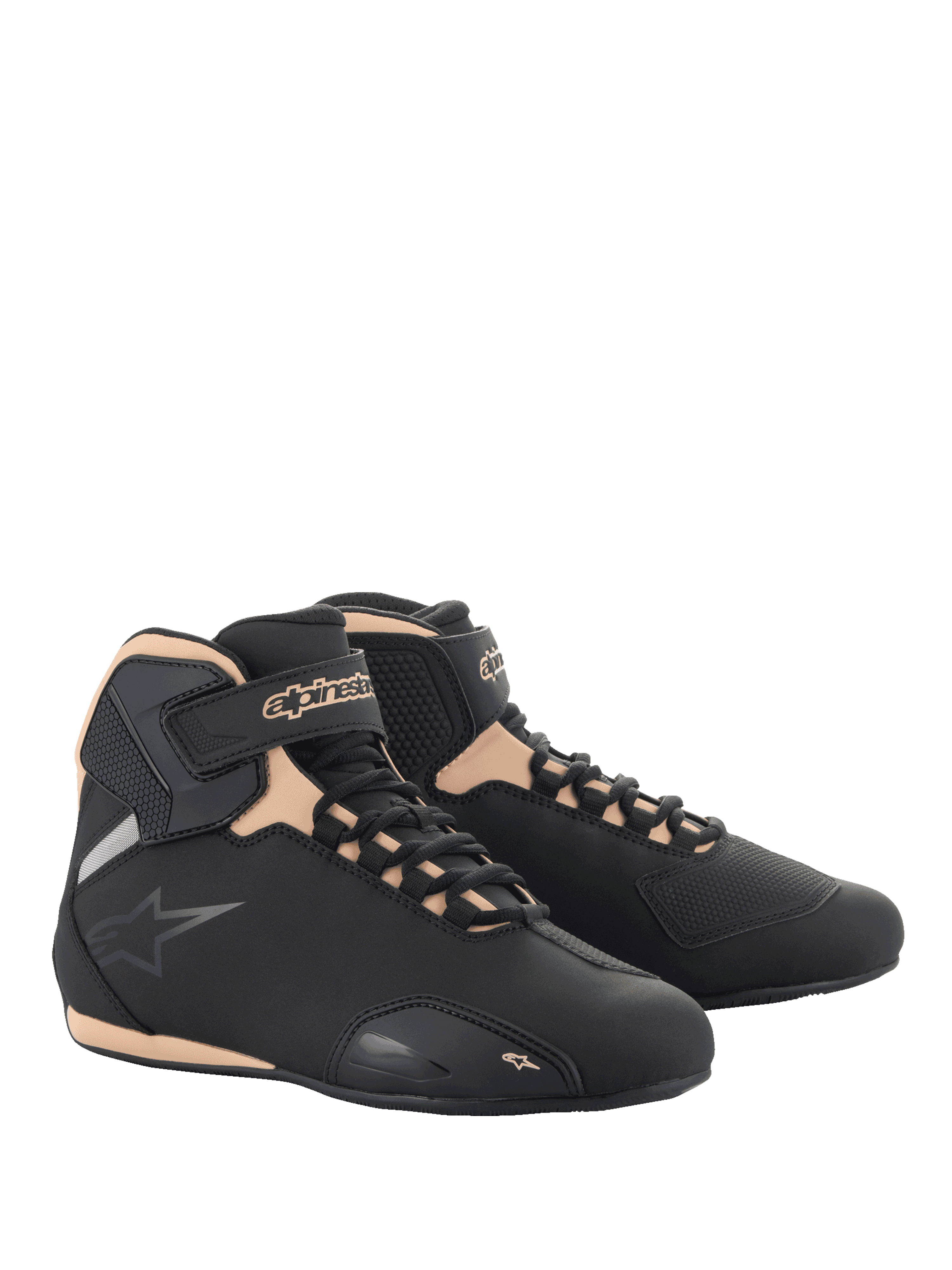 Alpinestars Stella Sektor Shoes, women's motorcycle riding footwear, Black and Champagne, lightweight microfiber construction.