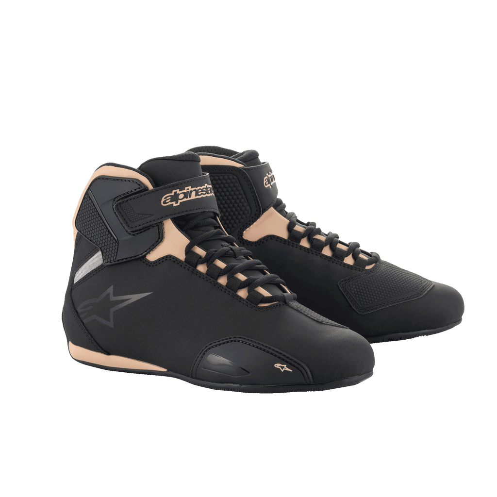 Alpinestars Stella Sektor Women's Riding Shoes in black and champagne microfiber with Velcro ankle strap.