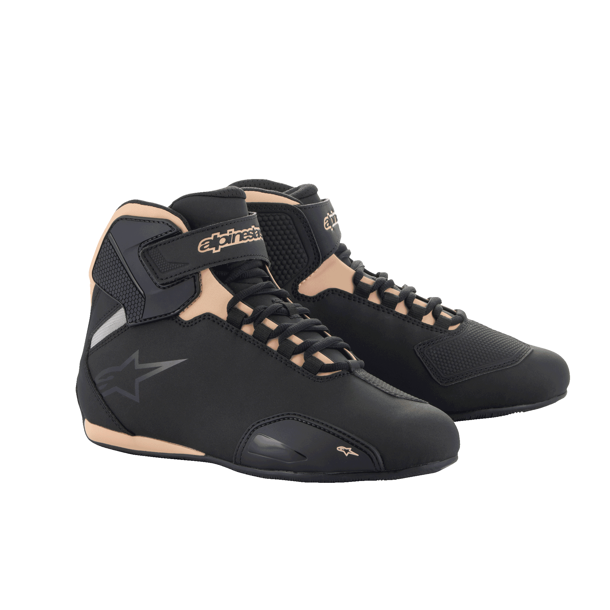 Alpinestars Stella Sektor Women's Riding Shoes in black and champagne microfiber with Velcro ankle strap.
