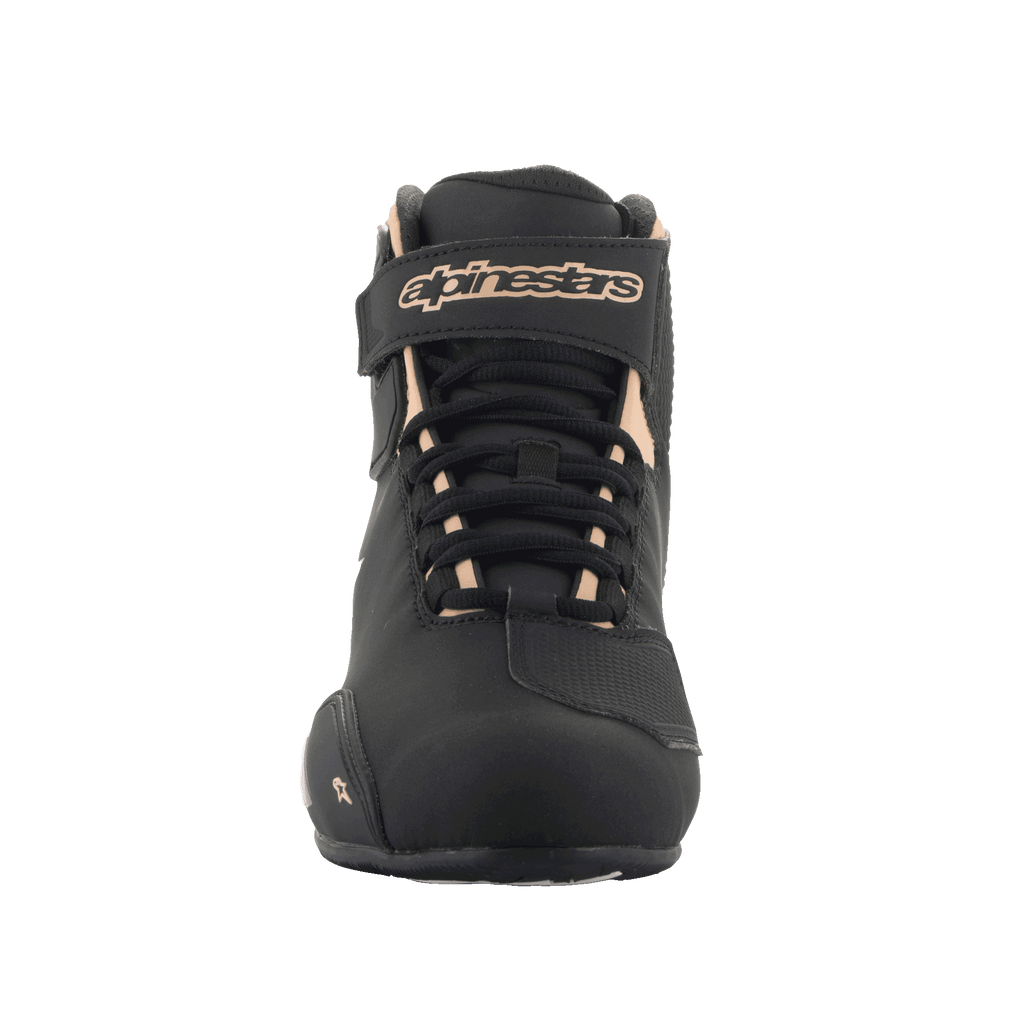 Alpinestars Stella Sektor Women's Riding Shoes in Black and Champagne, featuring microfiber and a Velcro ankle strap.