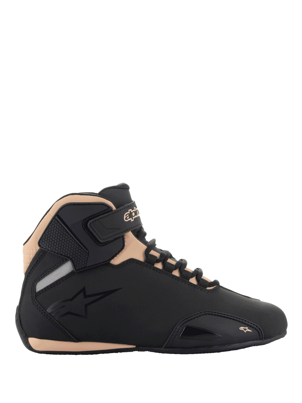 Alpinestars Stella Sektor Women's Riding Shoes, Black and Champagne, lightweight microfiber motorcycle shoes for road racing.