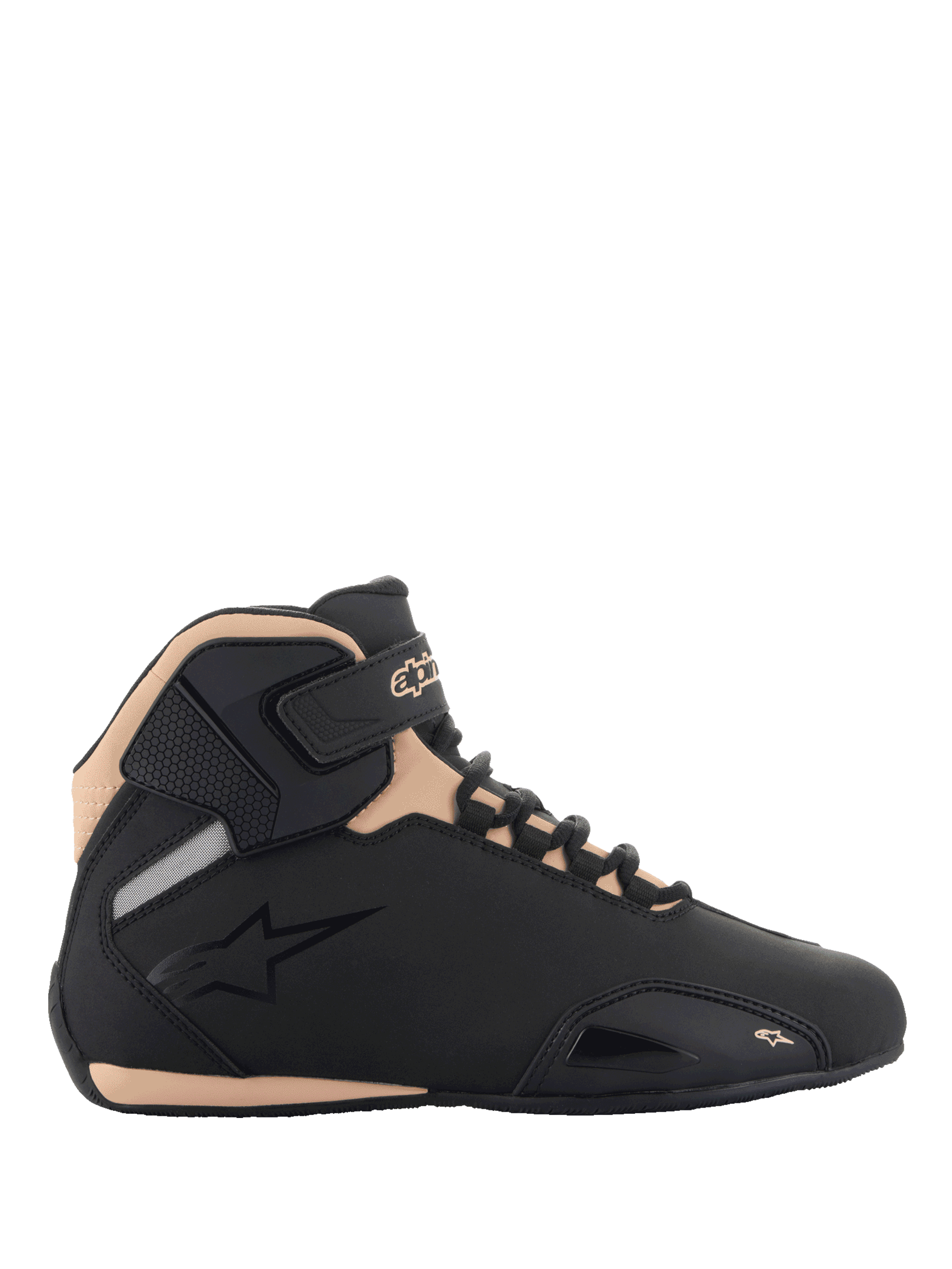 Alpinestars Stella Sektor Women's Riding Shoes, Black and Champagne, lightweight microfiber motorcycle shoes for road racing.