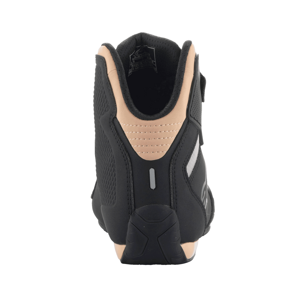 Alpinestars Stella Sektor Shoes, Black and Champagne women's motorcycle shoes with reflective heel and padded collar.