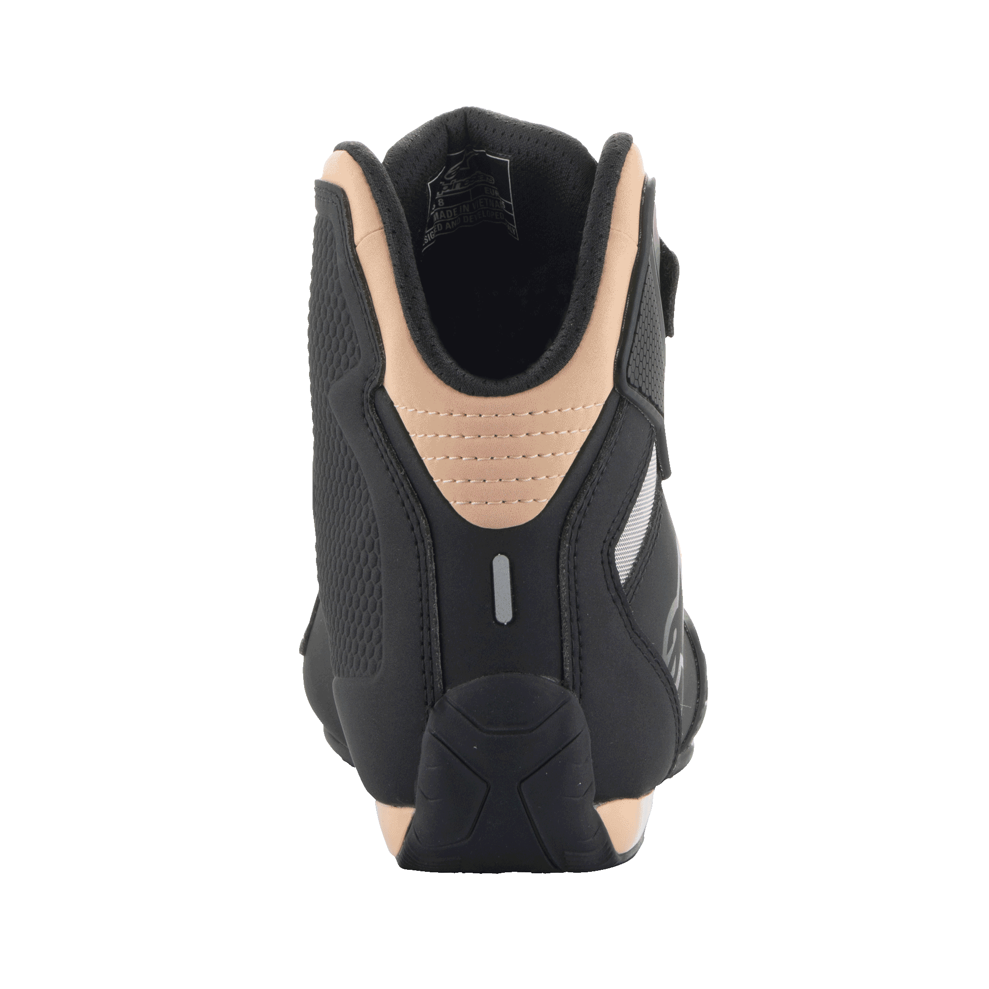 Alpinestars Stella Sektor Shoes, Black and Champagne women's motorcycle shoes with reflective heel and padded collar.