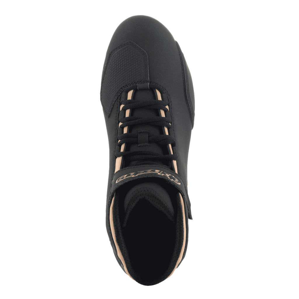 Alpinestars Stella Sektor Women's Riding Shoes, Black and Champagne, top-down view with lace-up closure.