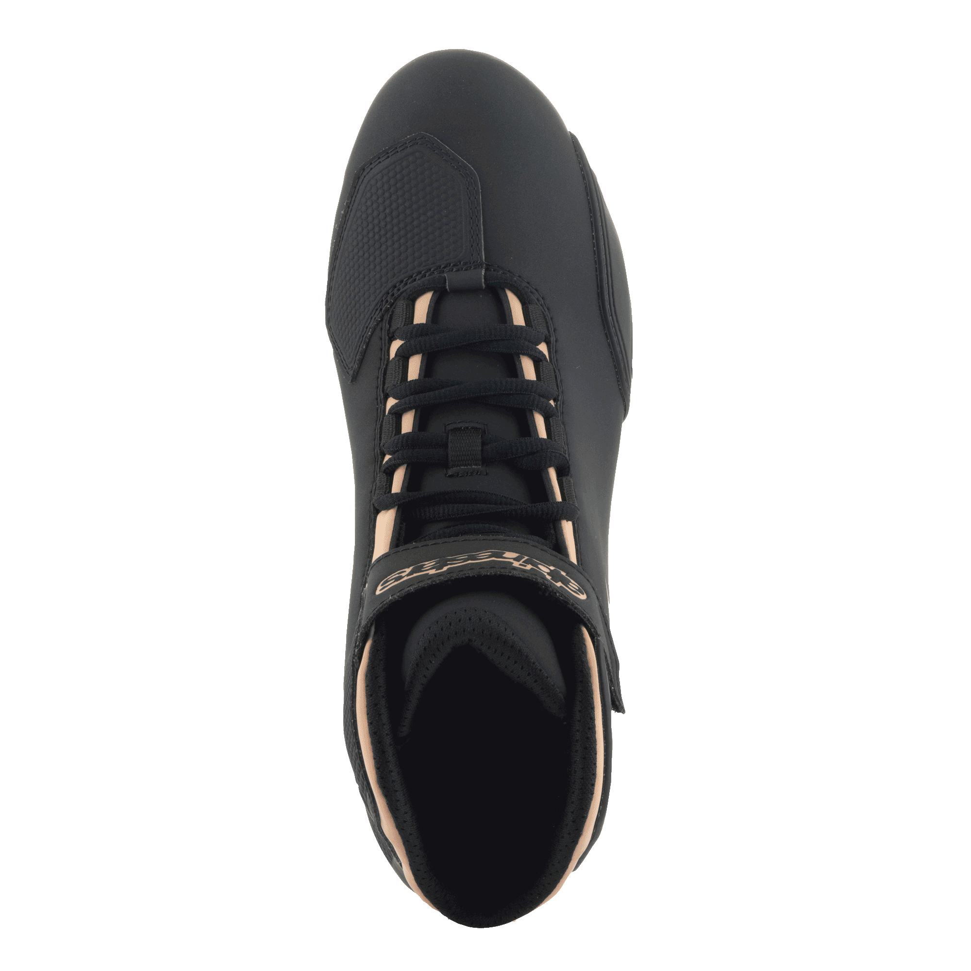 Alpinestars Stella Sektor Women's Riding Shoes, Black and Champagne, top-down view with lace-up closure.