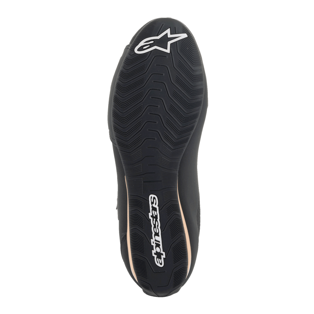 Alpinestars Stella Sektor Women's Motorcycle Shoes, Black/Champagne, high-grip rubber sole with wavy traction pattern.