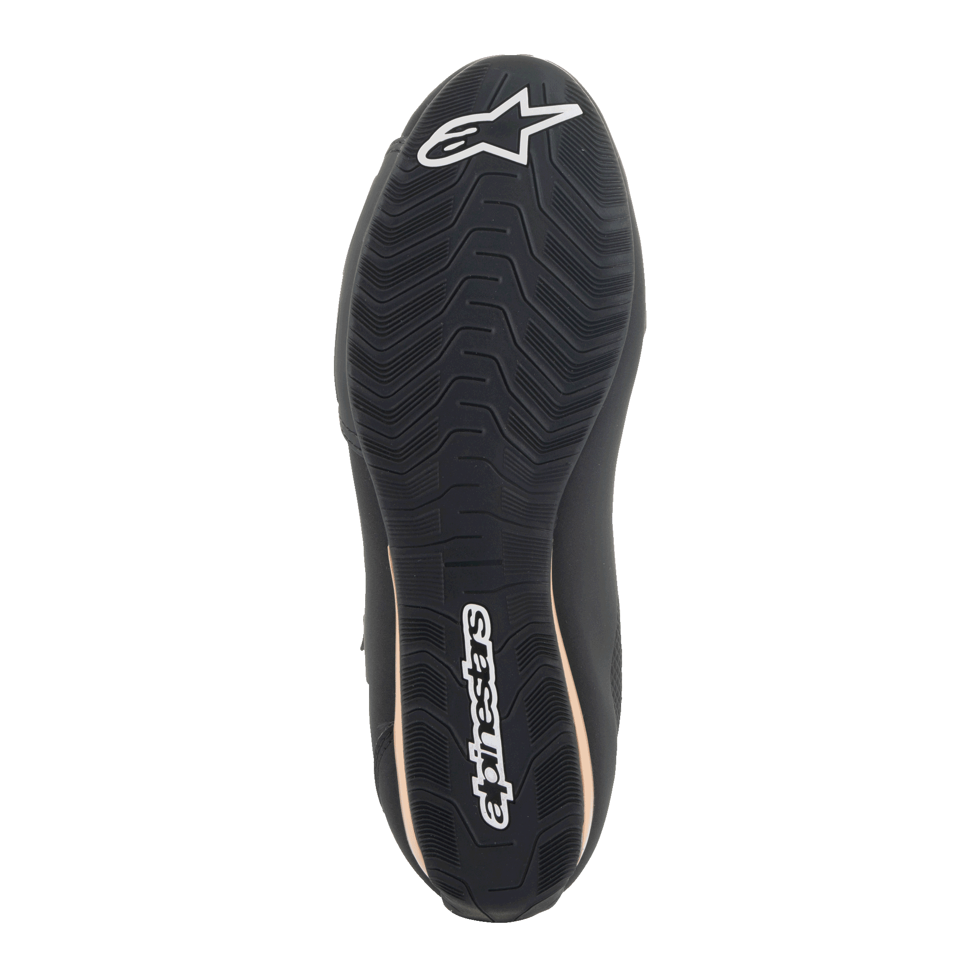 Alpinestars Stella Sektor Women's Motorcycle Shoes, Black/Champagne, high-grip rubber sole with wavy traction pattern.